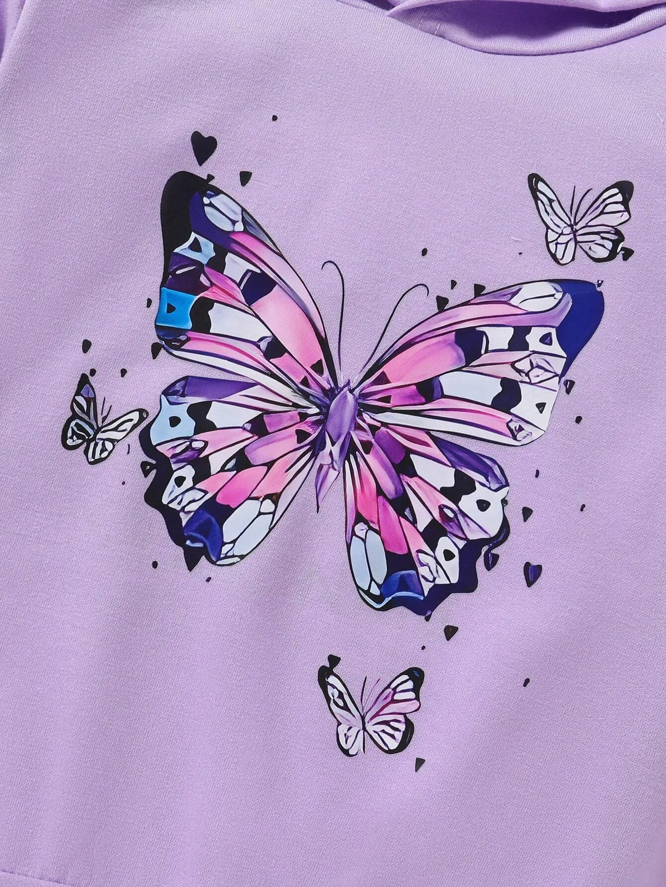 2-Piece Set Of Sweet And Cute Butterfly Printed Hooded Sweatshirt And Butterfly Printed Jeans For Little Girls, Soft, Comfortable And Breathable