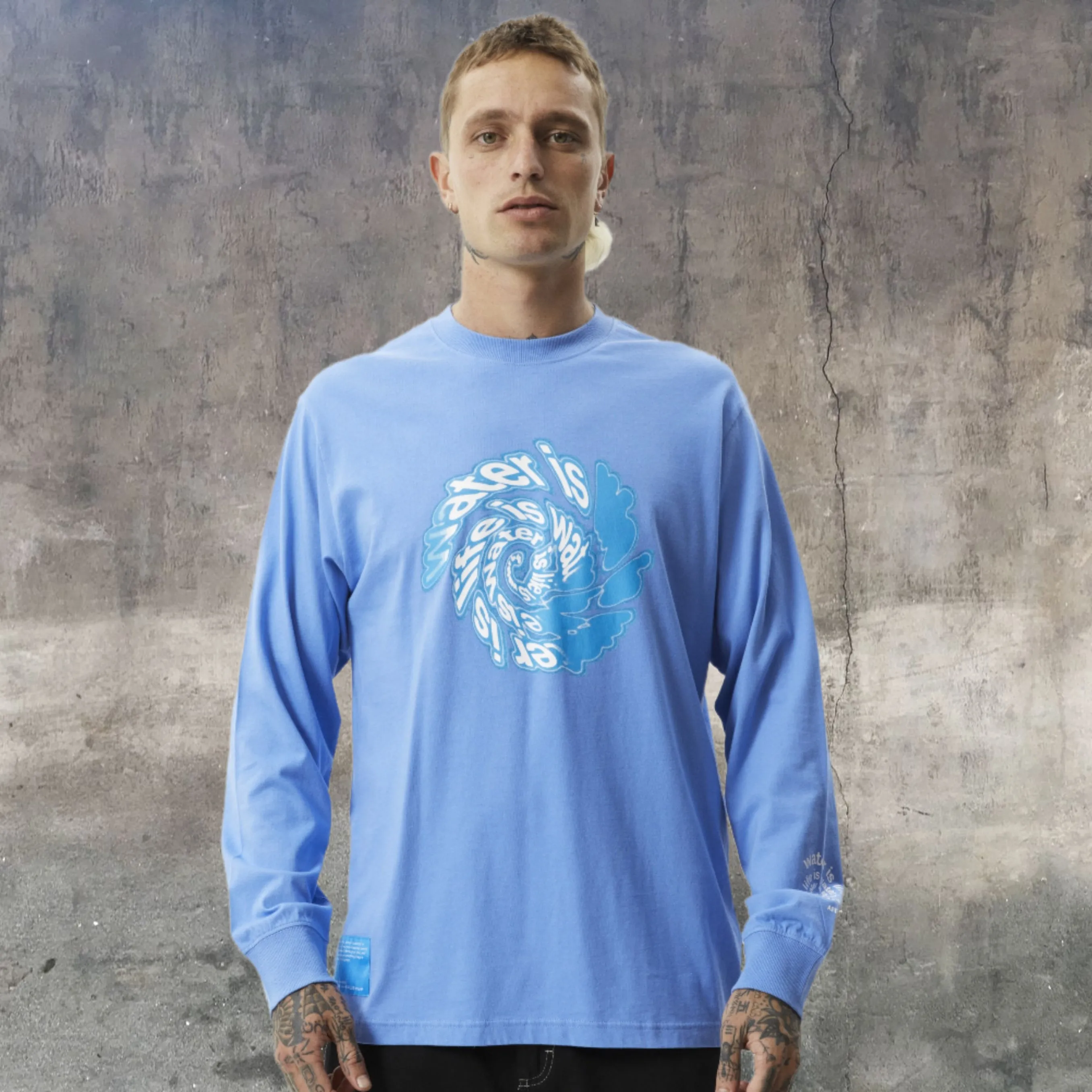 AFENDS Mens Water is Life Long Sleeve Graphic T- Shirt - Arctic Blue