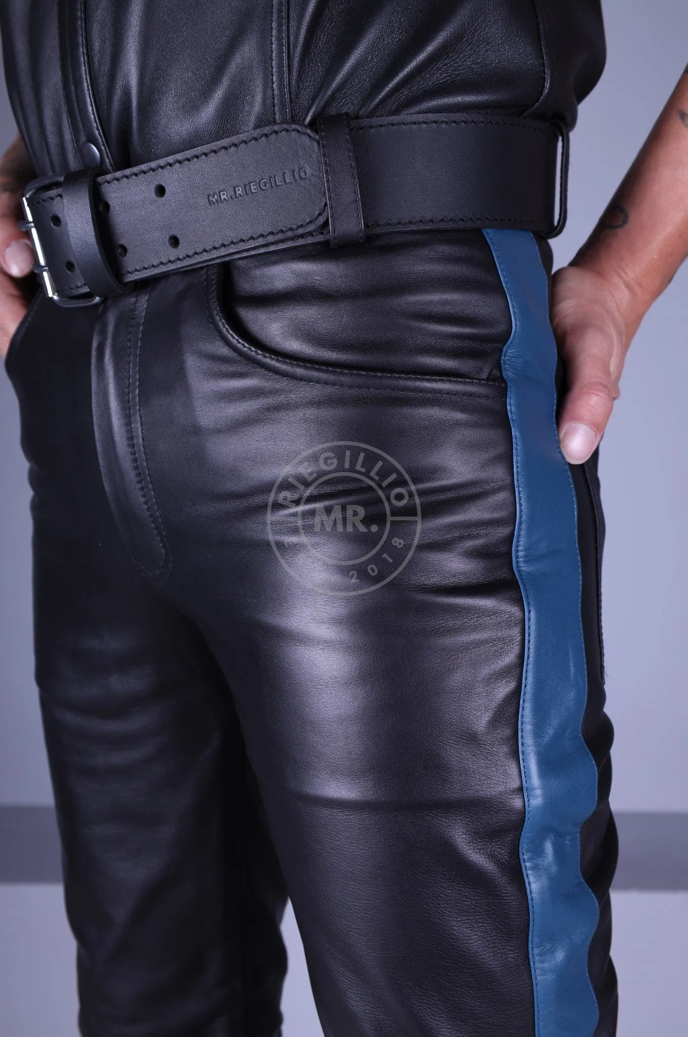 Black Leather 5 Pocket Pants - Jeans Blue Stripe