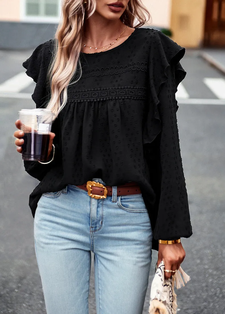 Black Long Sleeve Blouses Ruffle Dot Loose Fit Casual Tops