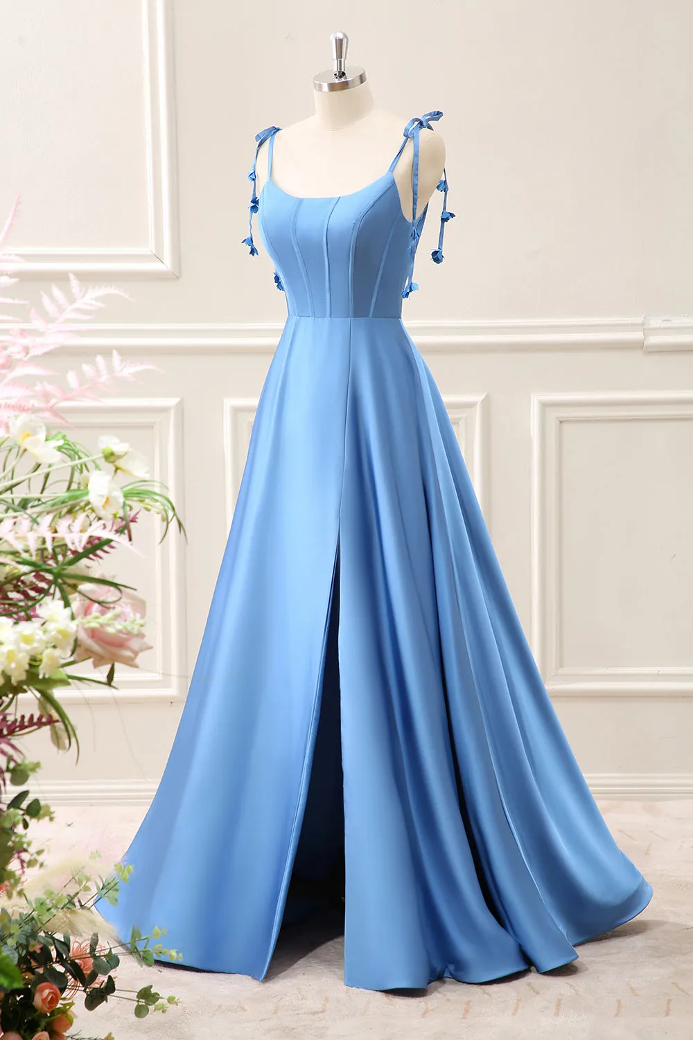 Blue A Line Satin Corset Maxi Dress with Slit