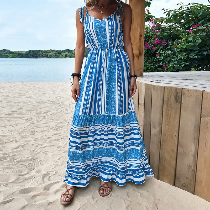 Blue Striped Sling Split Swing Dress