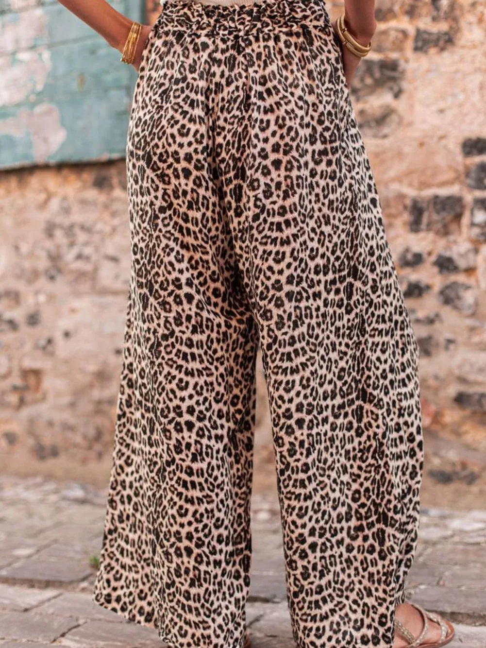 Bohemian Desert Palm Leopard Wide Leg Trousers