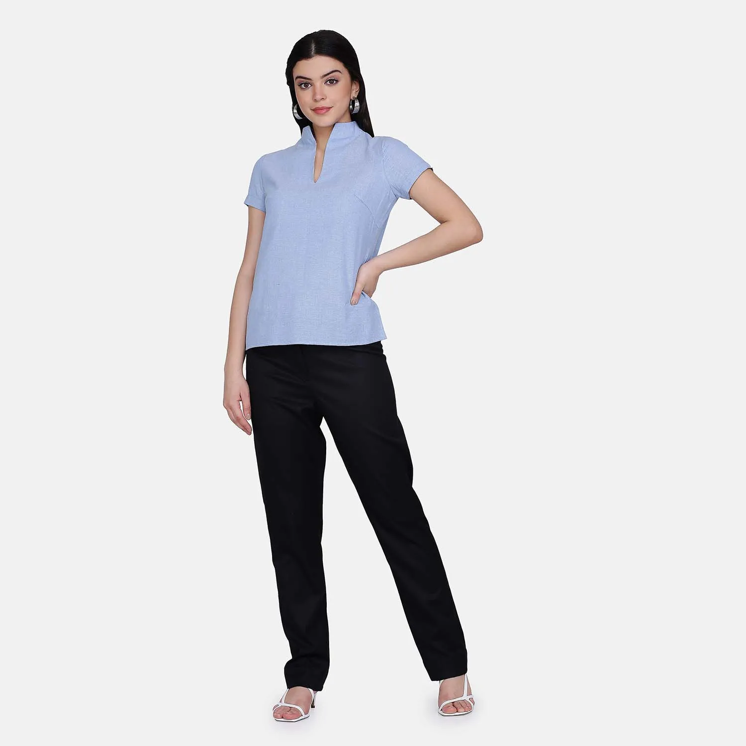 Comfortable women's Sky Blue Slit Neck Cotton Top