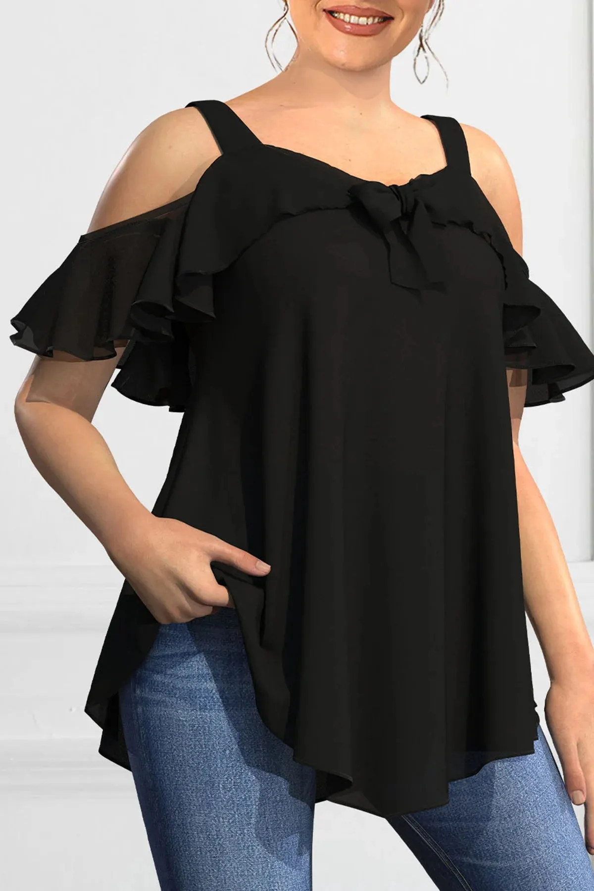 Elegant Cold Shoulder Ruffles Tops Tee