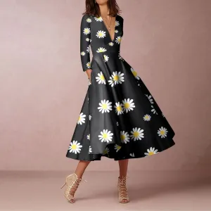 Elegant Daisy Prints Long Sleeve Midi Dress