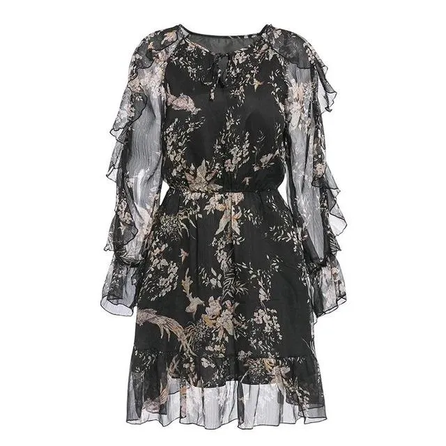 Elegant Floral Print V-Neck Lace Up Long Sleeve Ruffled High Waist Mini Dress