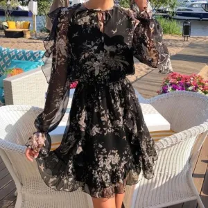 Elegant Floral Print V-Neck Lace Up Long Sleeve Ruffled High Waist Mini Dress