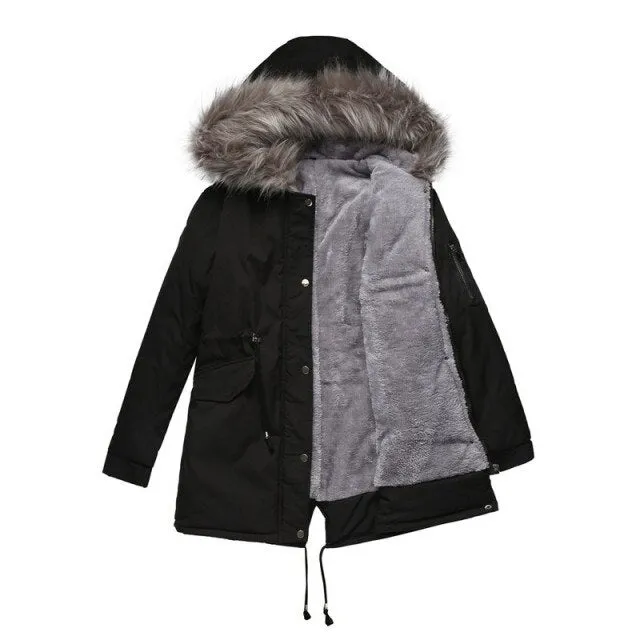 FashionSierra - Classic Fur Jacket Drawstring Hooded Parkas Coat