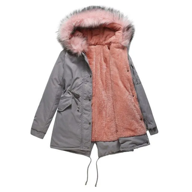 FashionSierra - Classic Fur Jacket Drawstring Hooded Parkas Coat