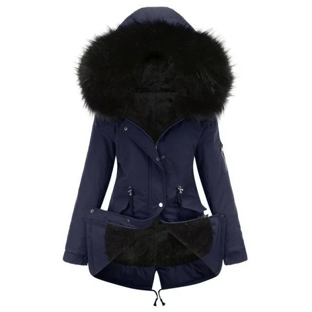 FashionSierra - Classic Fur Jacket Drawstring Hooded Parkas Coat