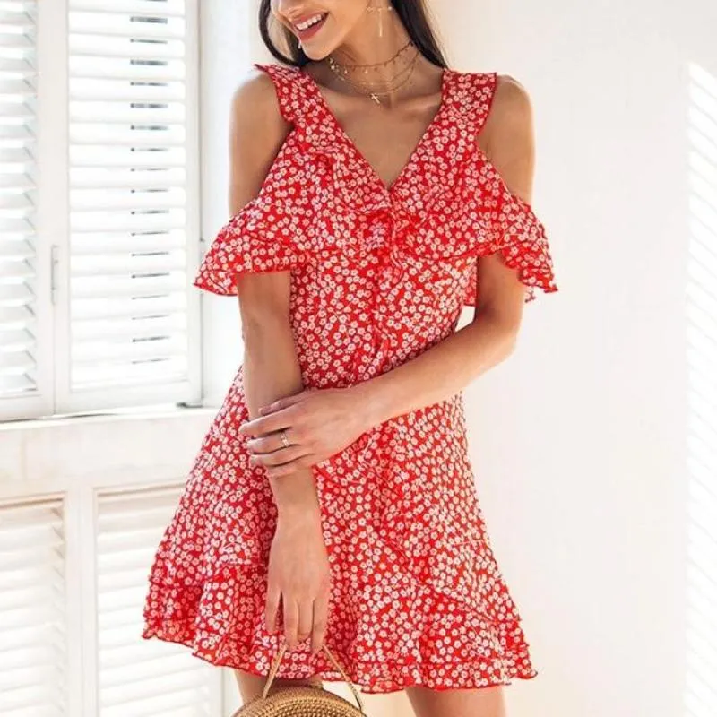 Floral Print Mini Ruffle Frill Strap Backless Tie Up Dress