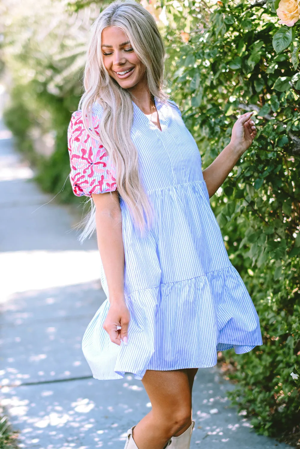 Floral Puff Sleeve Tiered Ruffle Dress