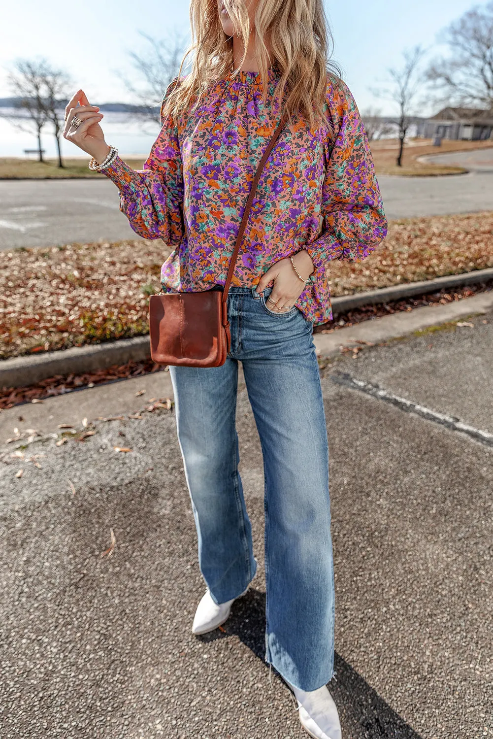 Floral Shirred Cuff Frilled O Neck Blouse