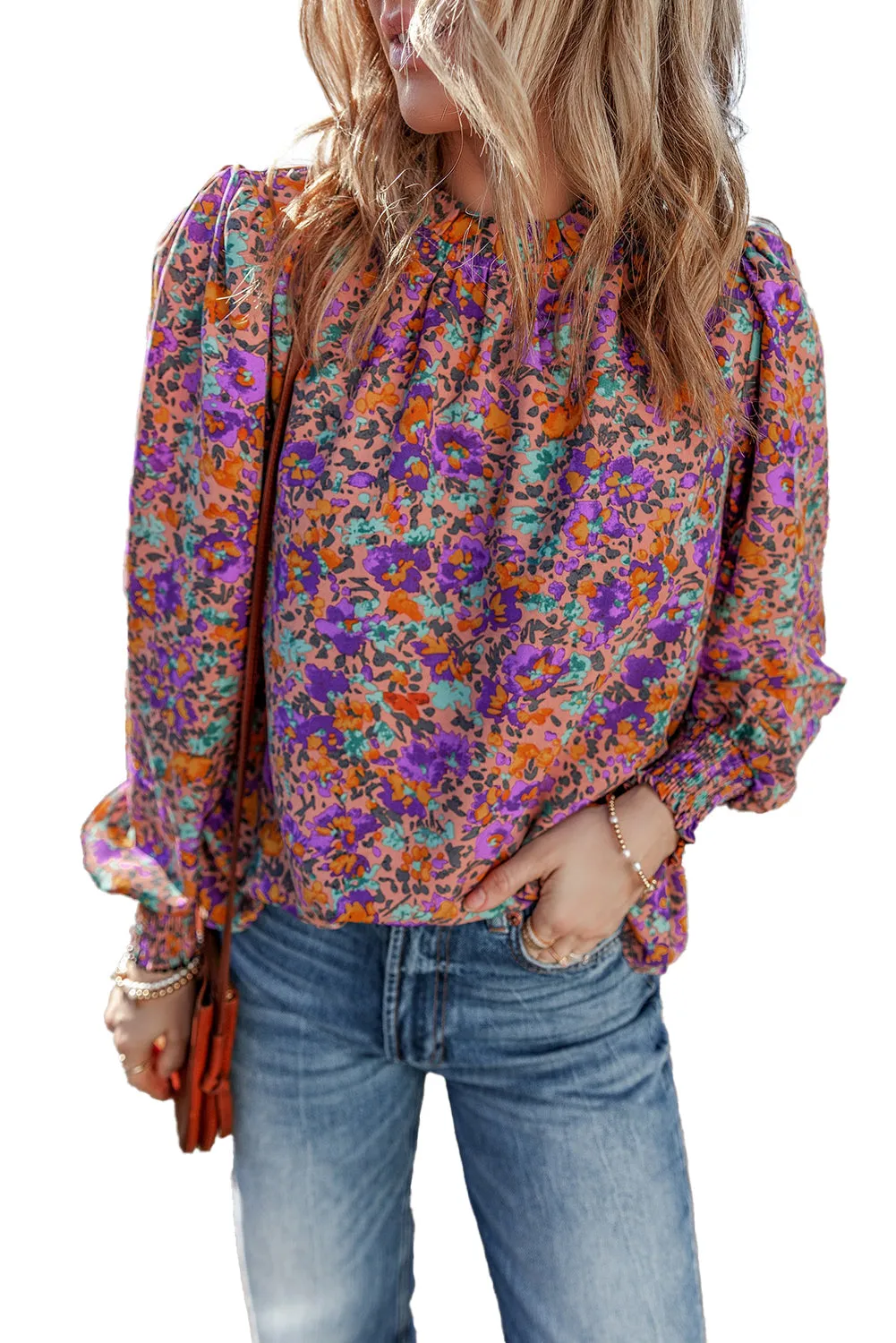 Floral Shirred Cuff Frilled O Neck Blouse