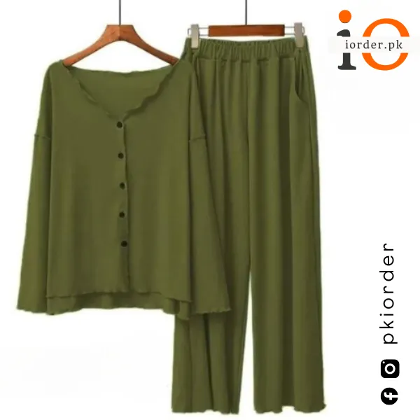 Green V-Neck Button Women Night Suit PJ Set