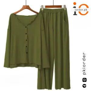 Green V-Neck Button Women Night Suit PJ Set