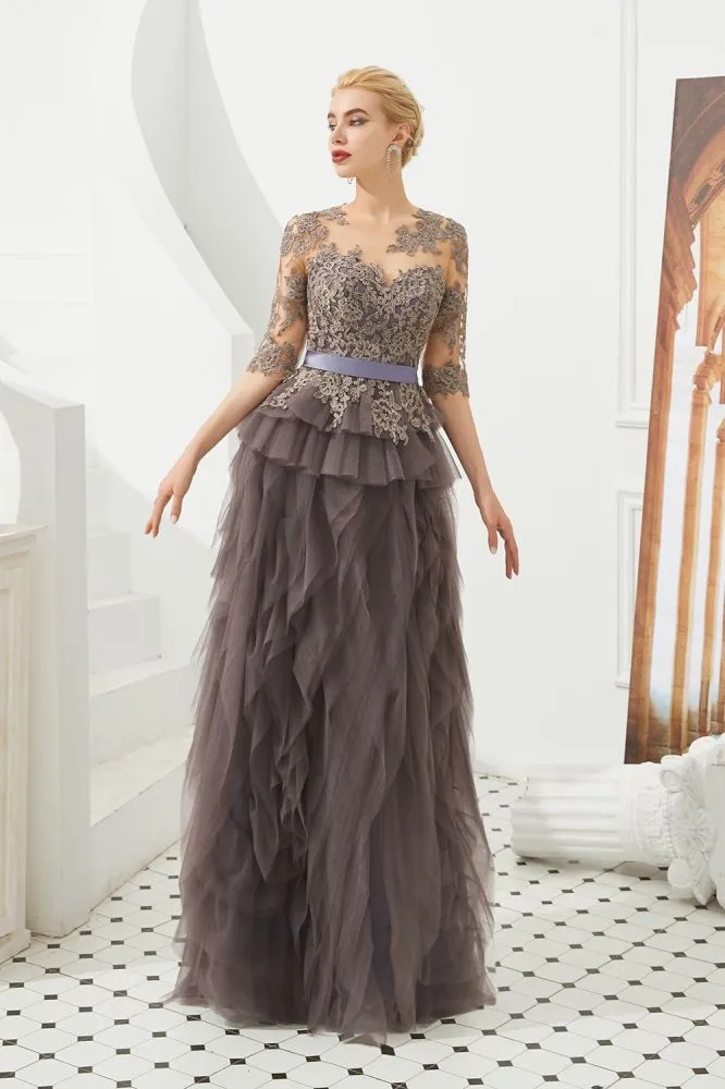 Half Sleeves Floral lace Prom Dress Fur Floor Length Evening Party Dress