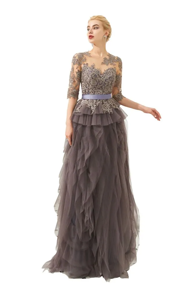 Half Sleeves Floral lace Prom Dress Fur Floor Length Evening Party Dress