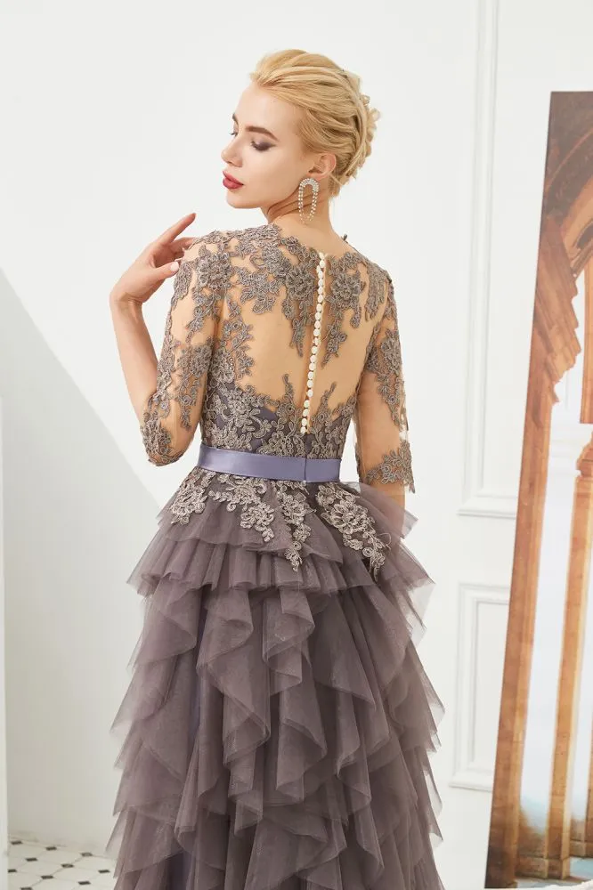 Half Sleeves Floral lace Prom Dress Fur Floor Length Evening Party Dress