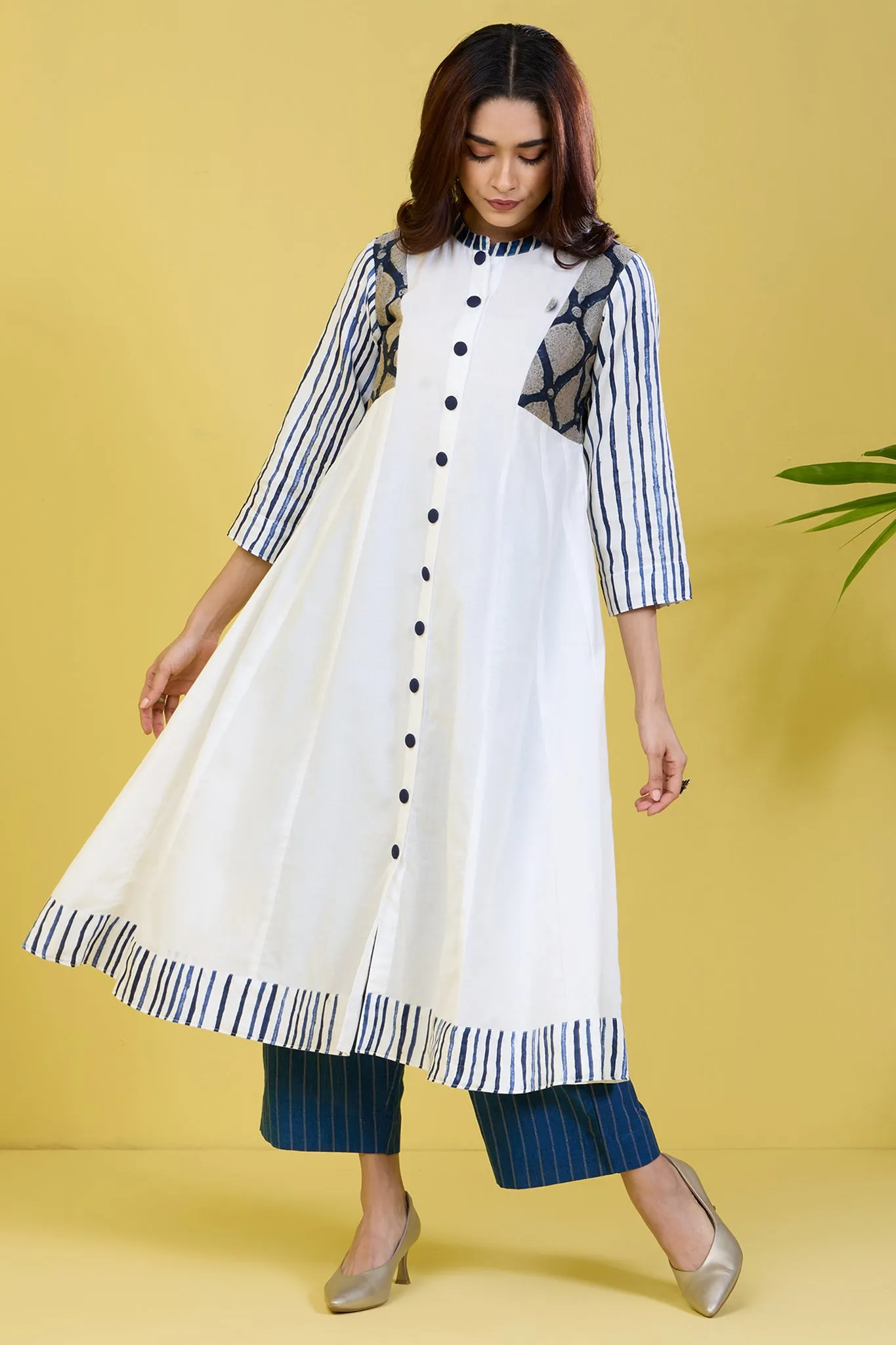 high collar white button down anarkali pristine arctic white