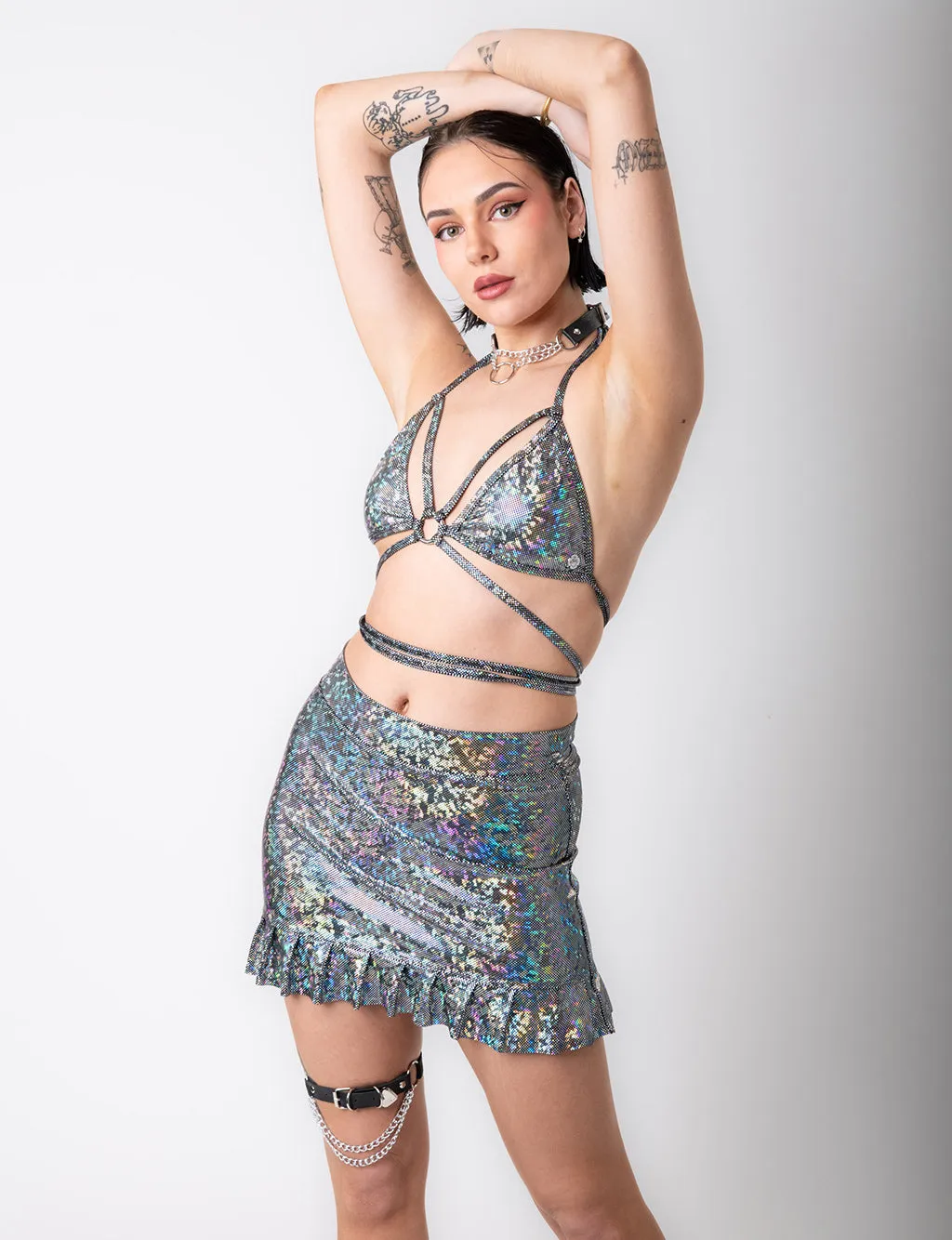 HOLOGRAPHIC FRILL SKIRT - SILVER DISCO BRAWL