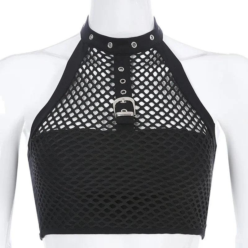 Hot Goth Mesh Sexy Gothic Trendy Black Crop Top Club Buckle Punk Backless Goth Tank Tops