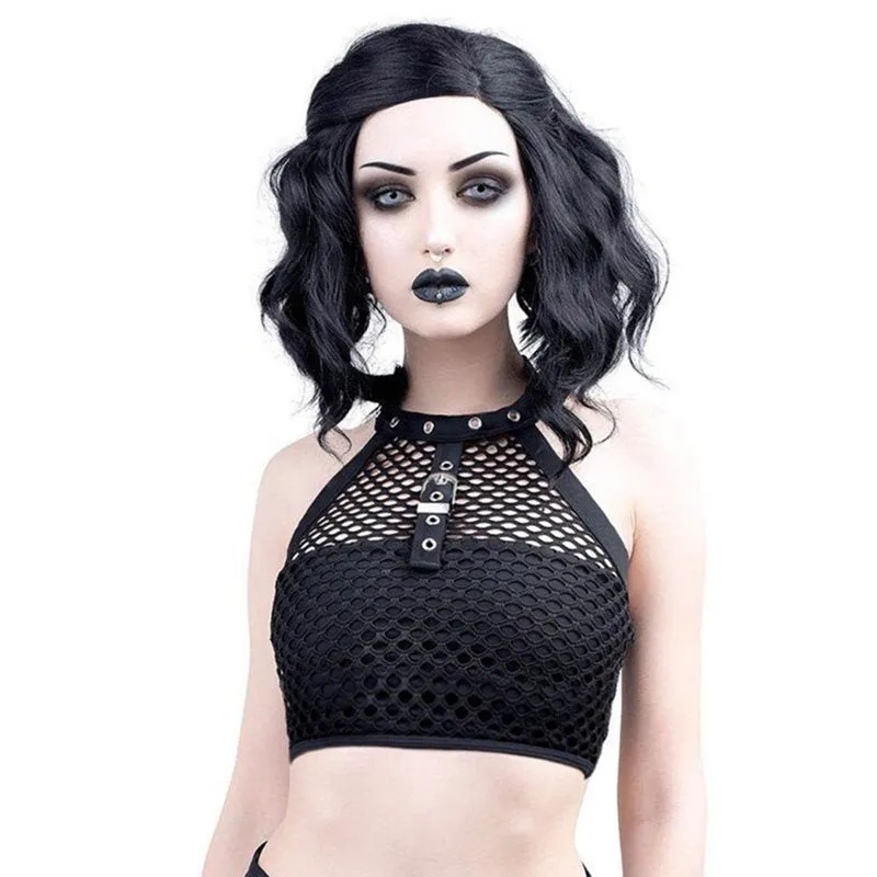 Hot Goth Mesh Sexy Gothic Trendy Black Crop Top Club Buckle Punk Backless Goth Tank Tops