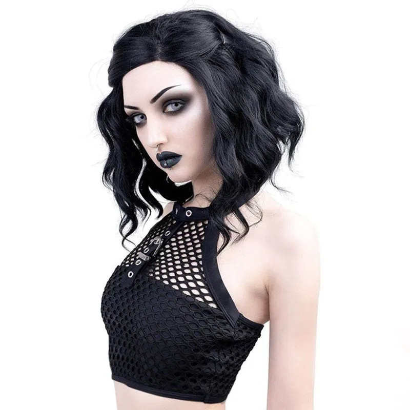 Hot Goth Mesh Sexy Gothic Trendy Black Crop Top Club Buckle Punk Backless Goth Tank Tops