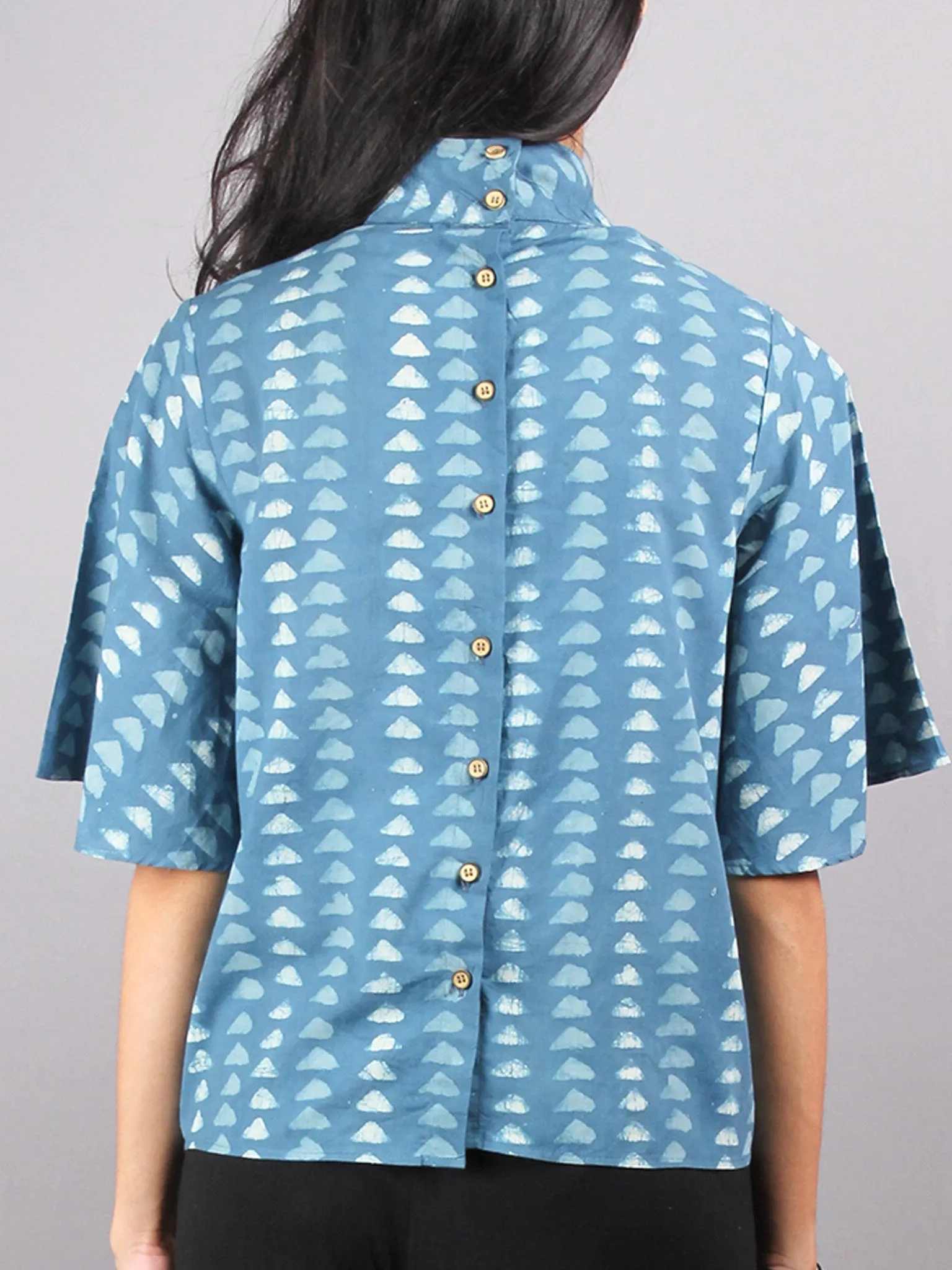 Indigo High Neck Hand Block Printed Cotton Flared Sleeves Back Buttons Top - T1142010