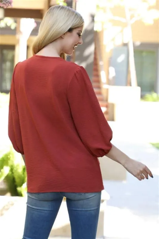 Keep It Easy Rust V Neck Top