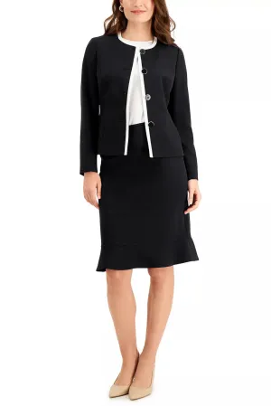 Le Suit Collarless 4 Button Front Closure Shoulder Pads with Mid Wait Hook & Eye Zipper Closure Skirt 2-Piece Skirt Suit Set