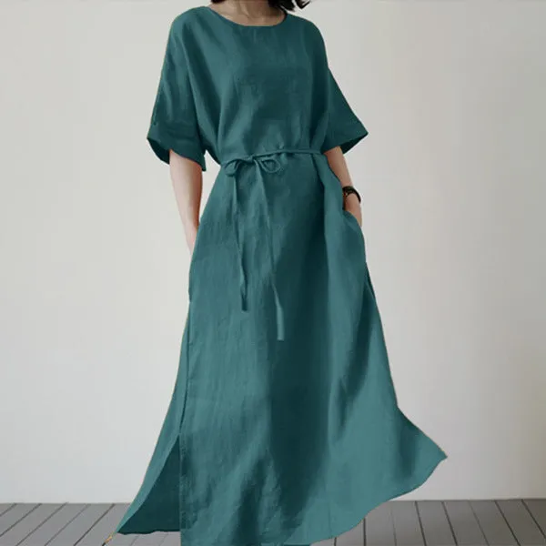 Leisure Round Neck Solid Color Cotton  Dress