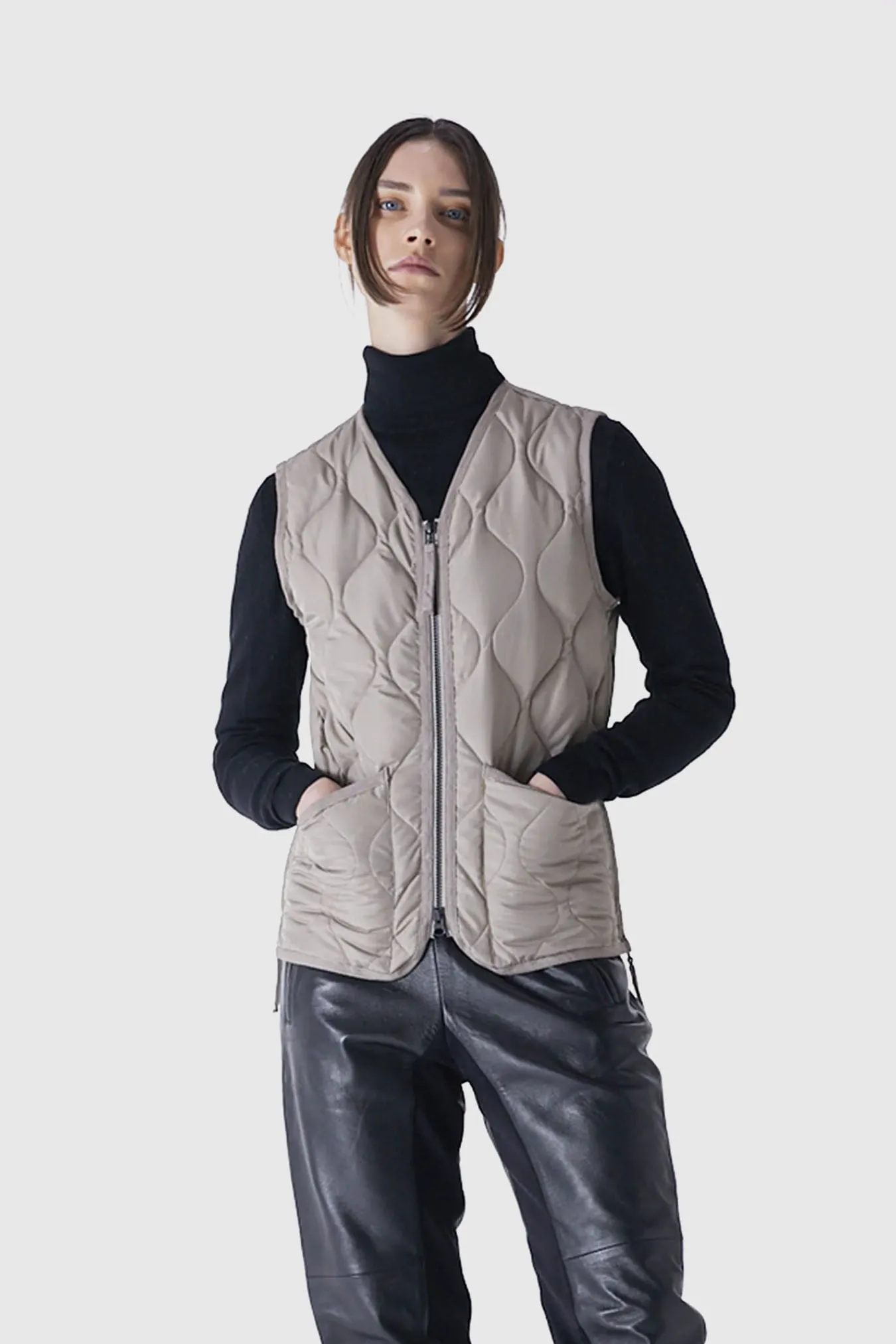 Military Zip V Neck Down Vest - Light Grey