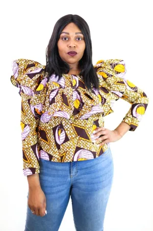 New in Ankara Wax Print Long Sleeve Ruffle Top