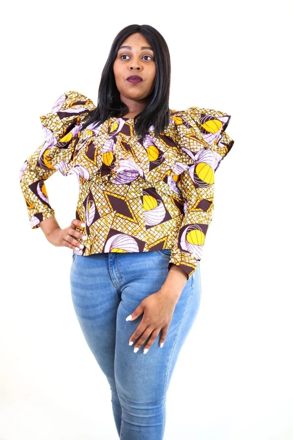 New in Ankara Wax Print Long Sleeve Ruffle Top