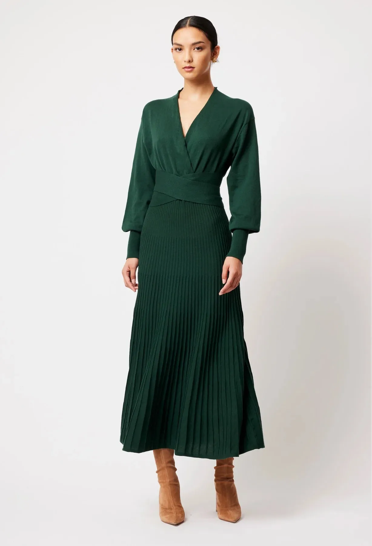 ONCE WAS STELLA COTTON CASHMERE KNIT DRESS IN ARCTIC FOREST