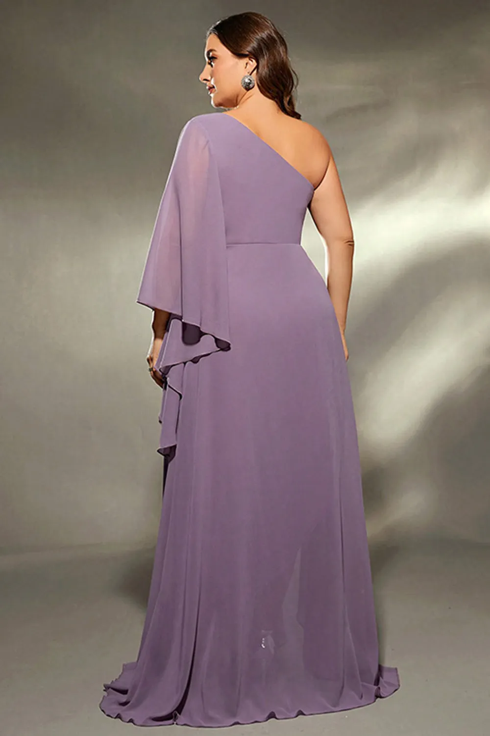 Plus Size Grey Purple One Shoulder Ruffled Sleeves Chiffon Maxi Dress with Slit