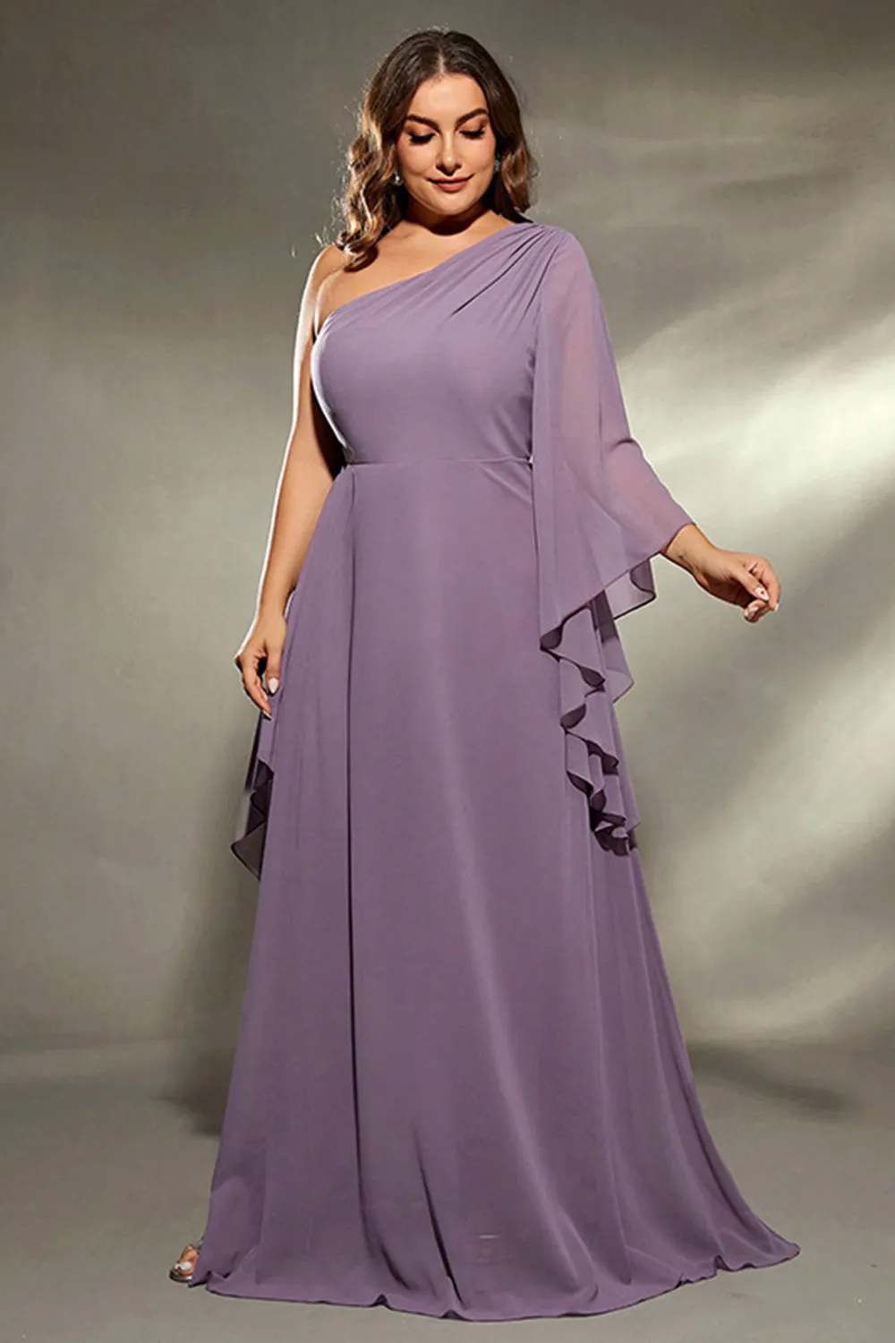 Plus Size Grey Purple One Shoulder Ruffled Sleeves Chiffon Maxi Dress with Slit