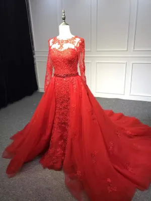 Red crystals beaded long sleeves lace appliqués tulle prom dress two pieces 2021