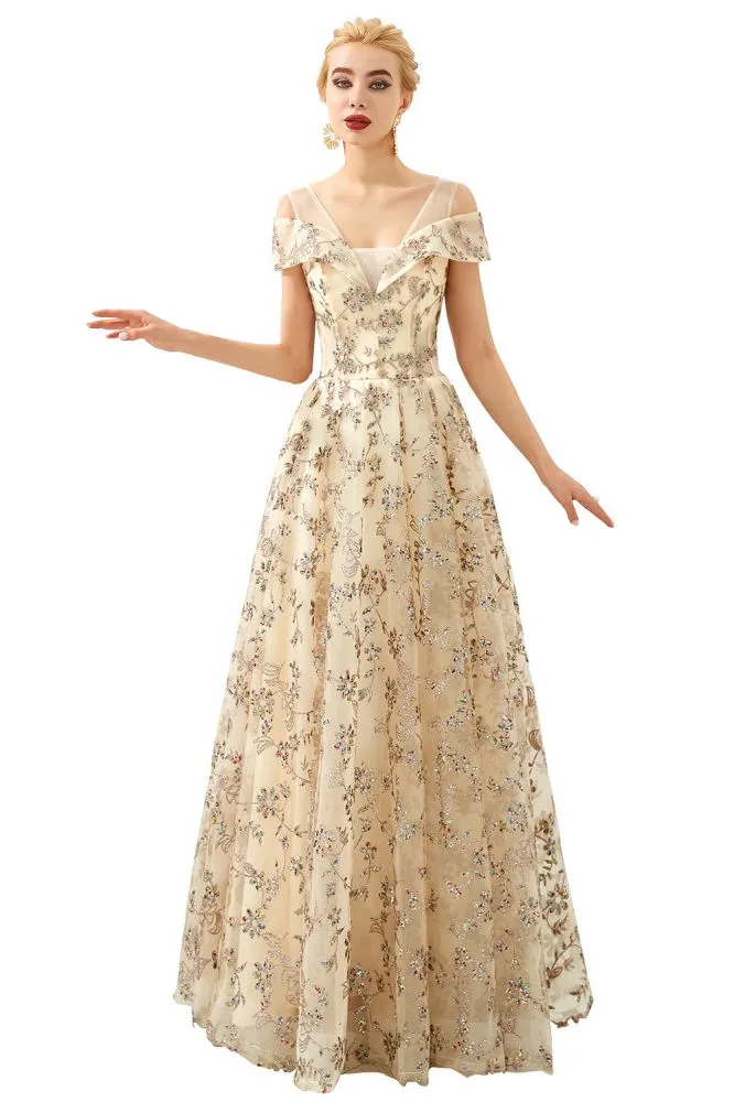 Romantic Floral Short Sleeves aline Spring Evening Party Dress Floor Length Dancing Dress