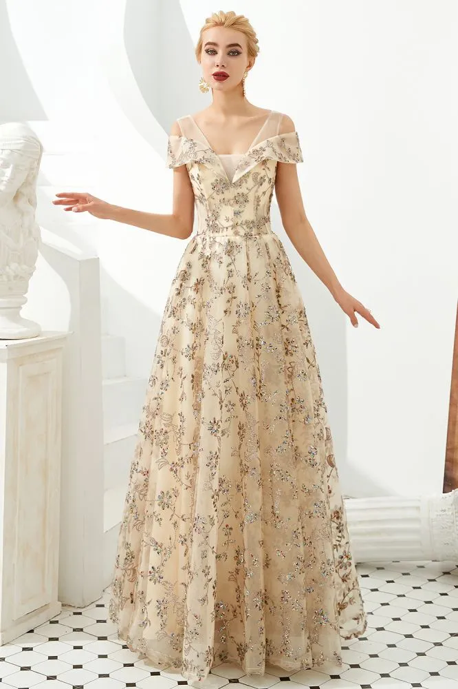 Romantic Floral Short Sleeves aline Spring Evening Party Dress Floor Length Dancing Dress