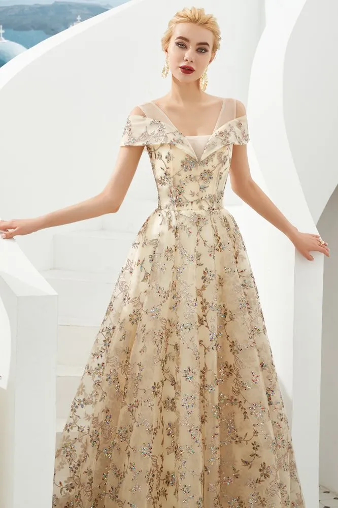 Romantic Floral Short Sleeves aline Spring Evening Party Dress Floor Length Dancing Dress