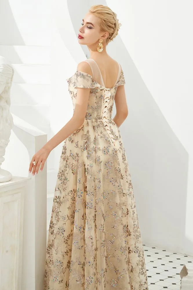 Romantic Floral Short Sleeves aline Spring Evening Party Dress Floor Length Dancing Dress