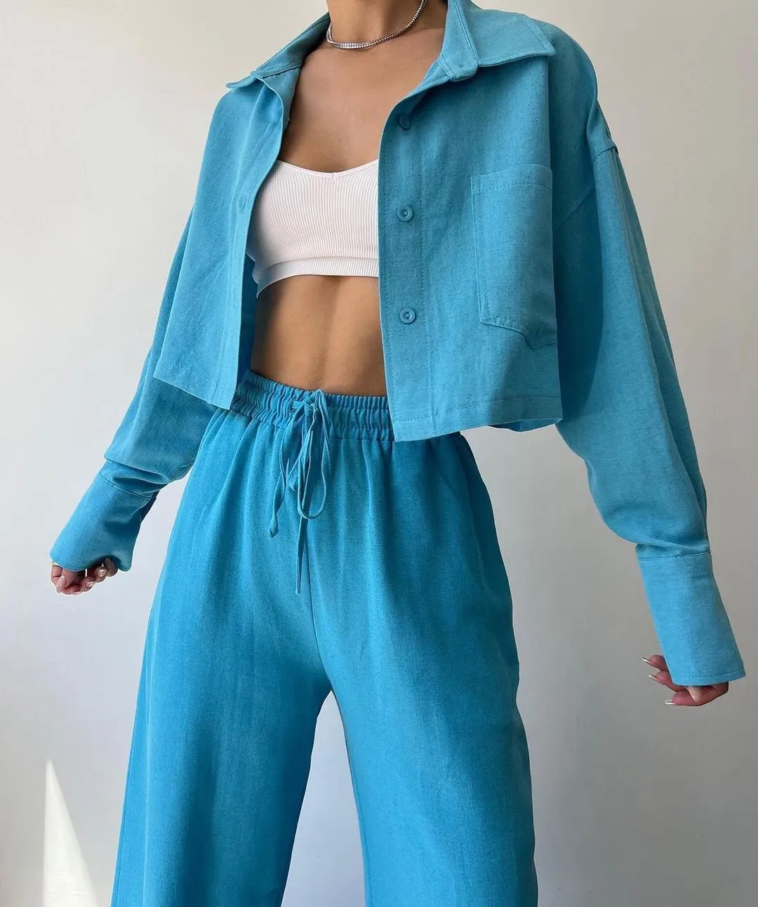 Solid Color Long Sleeves Shirt & Drawstring Pants Suit