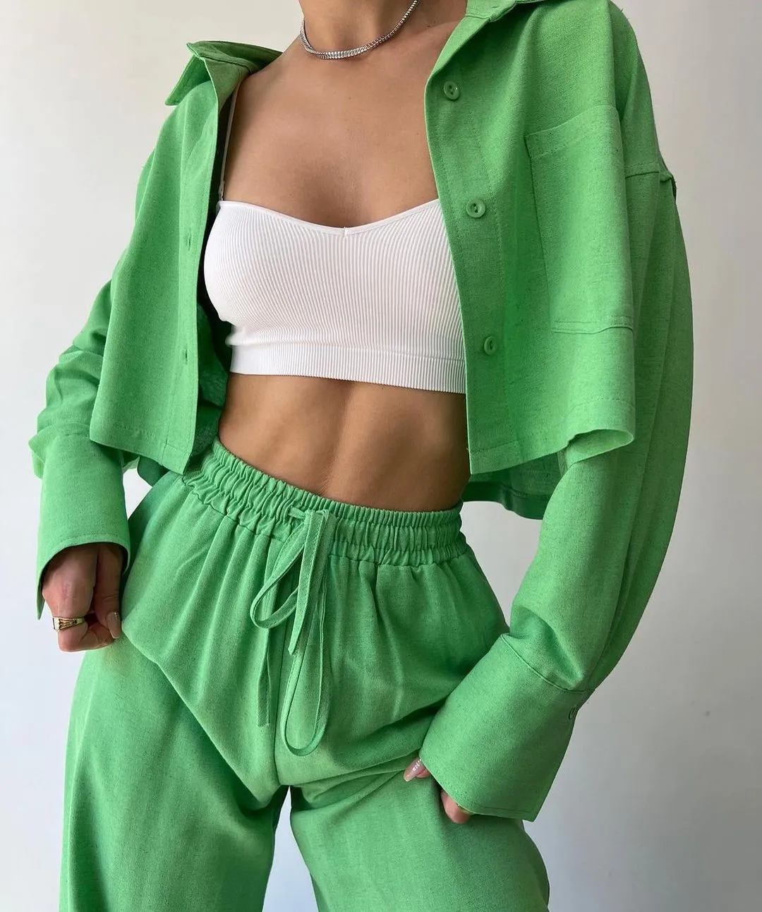 Solid Color Long Sleeves Shirt & Drawstring Pants Suit