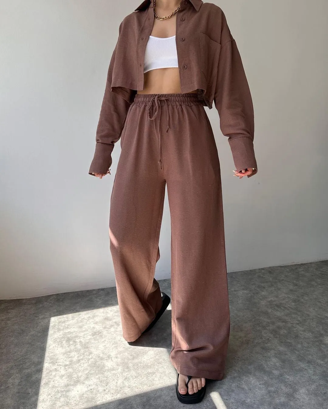 Solid Color Long Sleeves Shirt & Drawstring Pants Suit