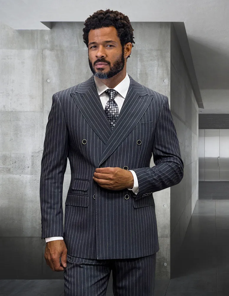 Statement Pinstripe Peak Lapel Double Breasted Super 200 Wool Suit