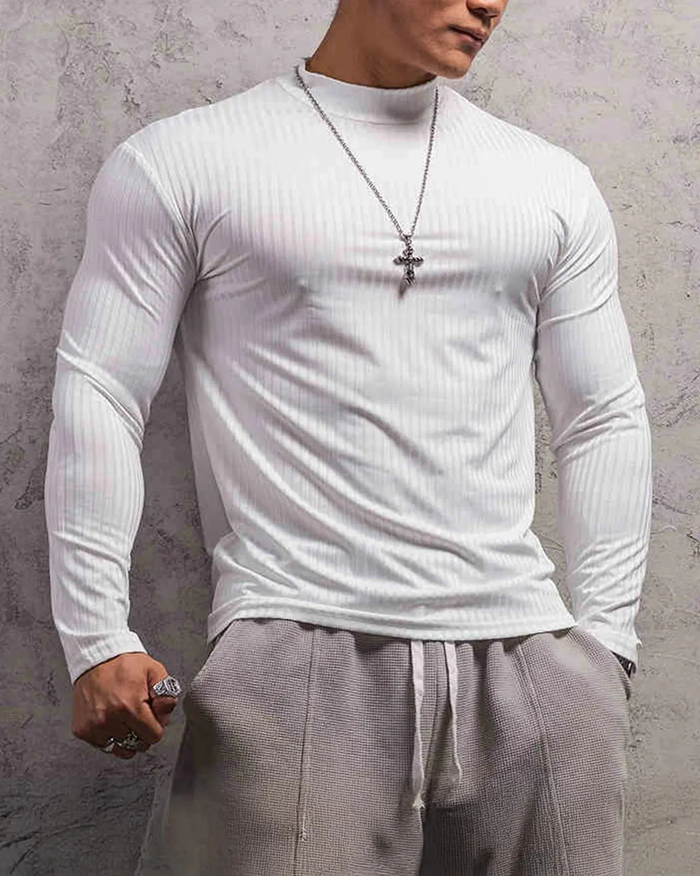 Stretch Rib Jersey Mockneck Long Sleeves T-shirt