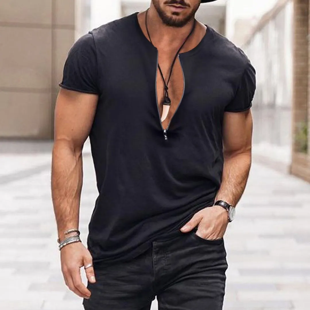 V-Neck Zipper Solid Color Breathable T-Shirt Casual Retro Outdoor Motorcycle Top